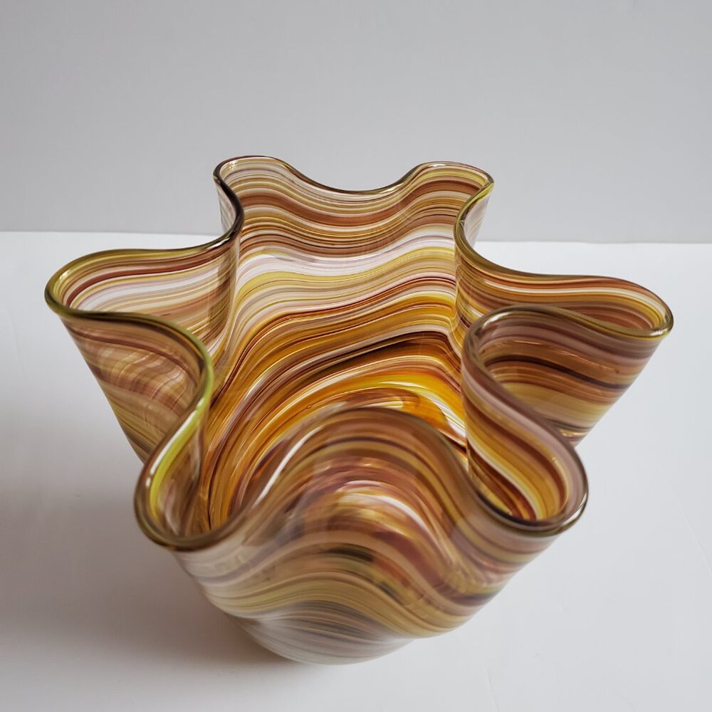 MCM Handmade Art Glass Handkerchief Vase Amber Brown Caramel Stripes Ruffled Rim